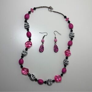 Pink and Black Beaded Necklace and Earring Set